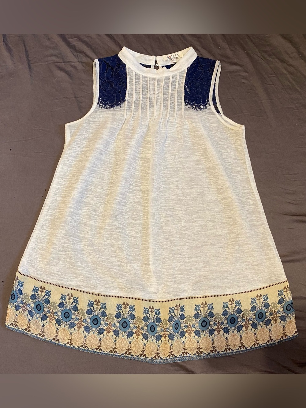 Nellis navy blue white yellow floral lace trim sleeveless blouse, size S